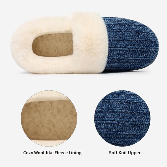 ⚡Women's Blue Fuzzy Memory Foam Slippers Closed Back Knit Slip-On House Shoes - Picture 4 of 5